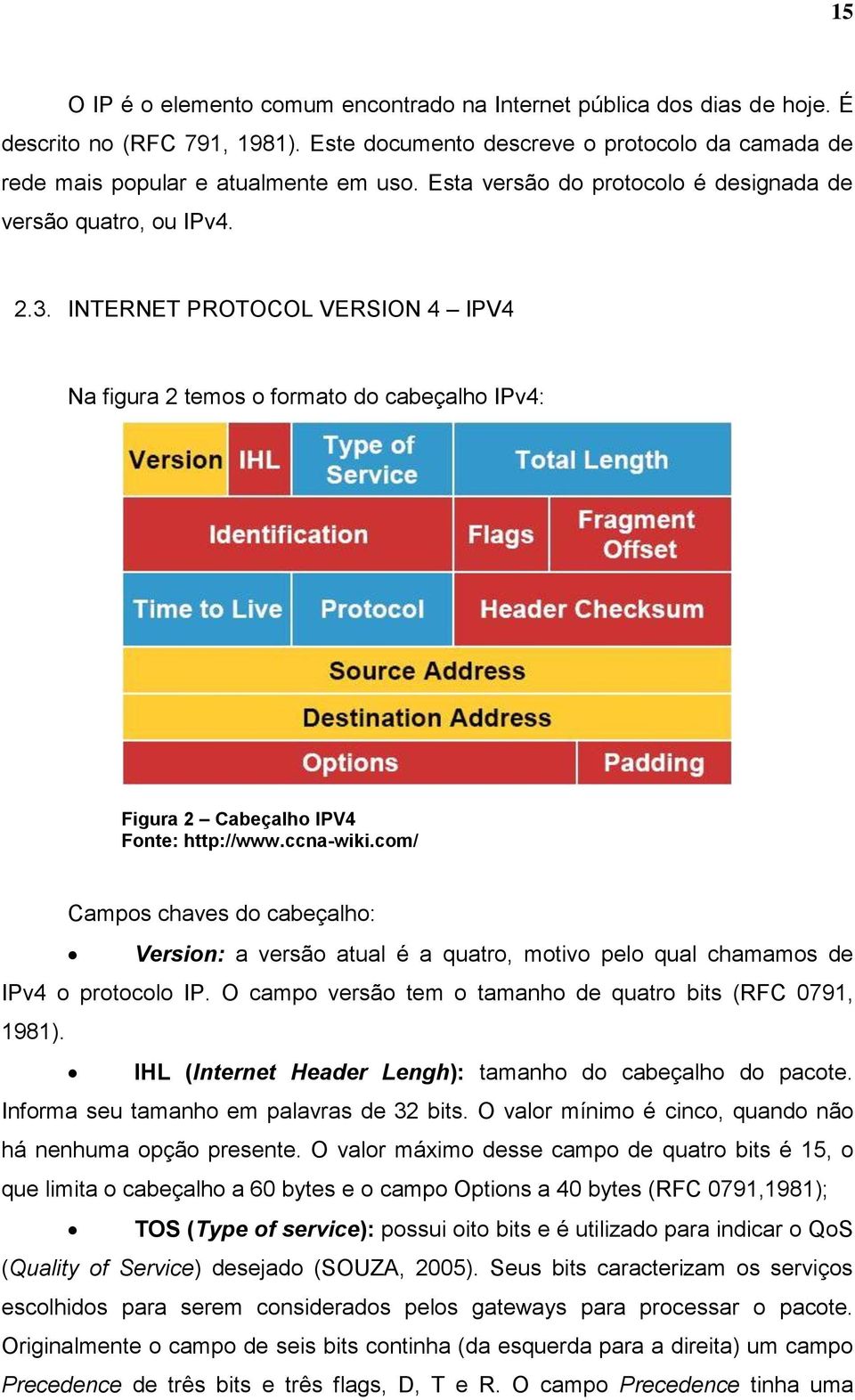 ccna-wiki.com/ Campos chaves do cabeçalho: Version: a versão atual é a quatro, motivo pelo qual chamamos de IPv4 o protocolo IP. O campo versão tem o tamanho de quatro bits (RFC 0791, 1981).