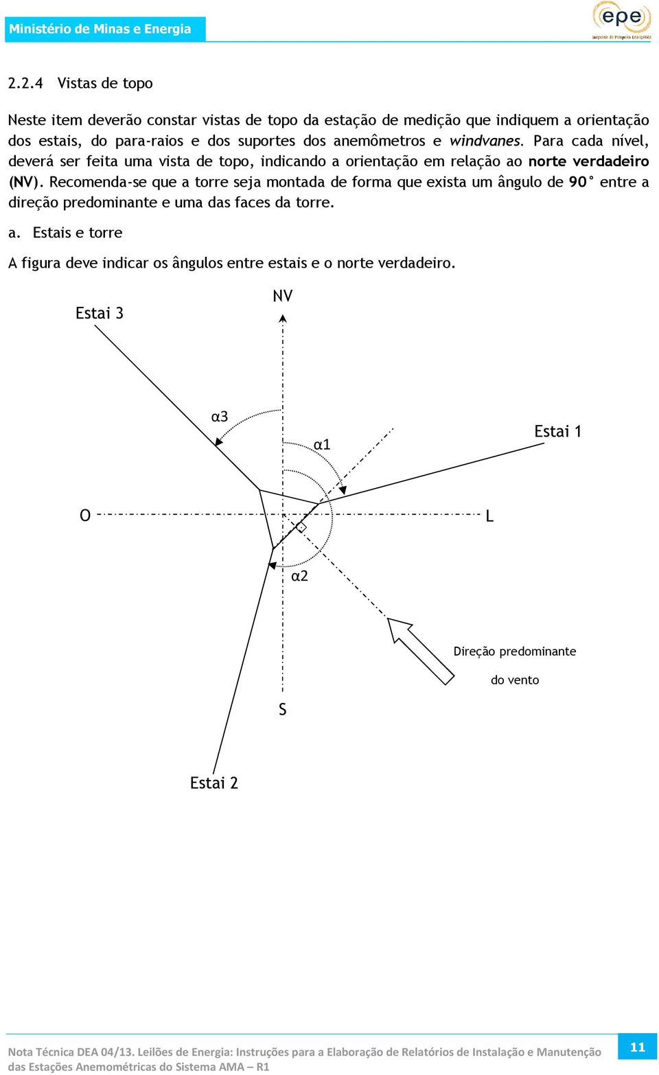 Recomenda-se que a torre seja montada de forma que exista um ângulo de 90 entre a direção predominante e uma das faces da torre. a. Estais e torre A figura deve indicar os ângulos entre estais e o norte verdadeiro.