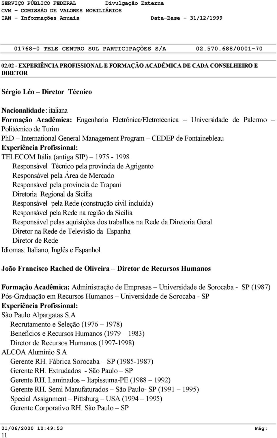 pela província de Agrigento Responsável pela Área de Mercado Responsável pela província de Trapani Diretoria Regional da Sicília Responsável pela Rede (construção civil incluída) Responsável pela