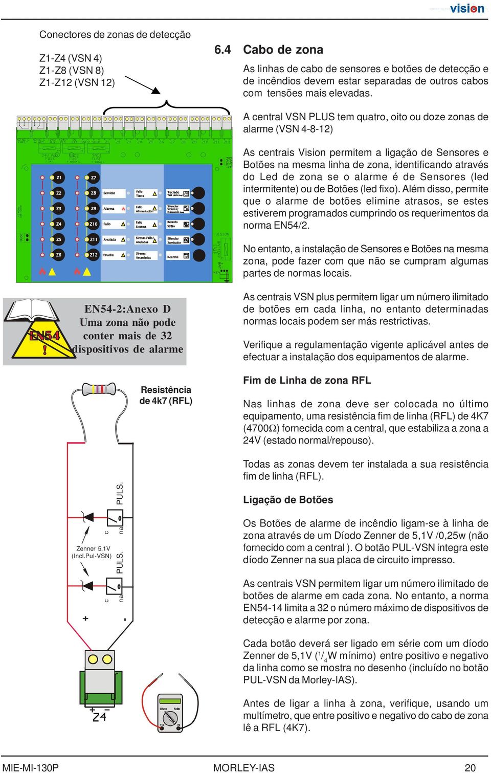 A central VSN PLUS tem quatr, it u dze znas de alarme (VSN 4-8-12) As centrais Visin permitem a ligaçã de Sensres e Btões na mesma linha de zna, identificand através d Led de zna se alarme é de