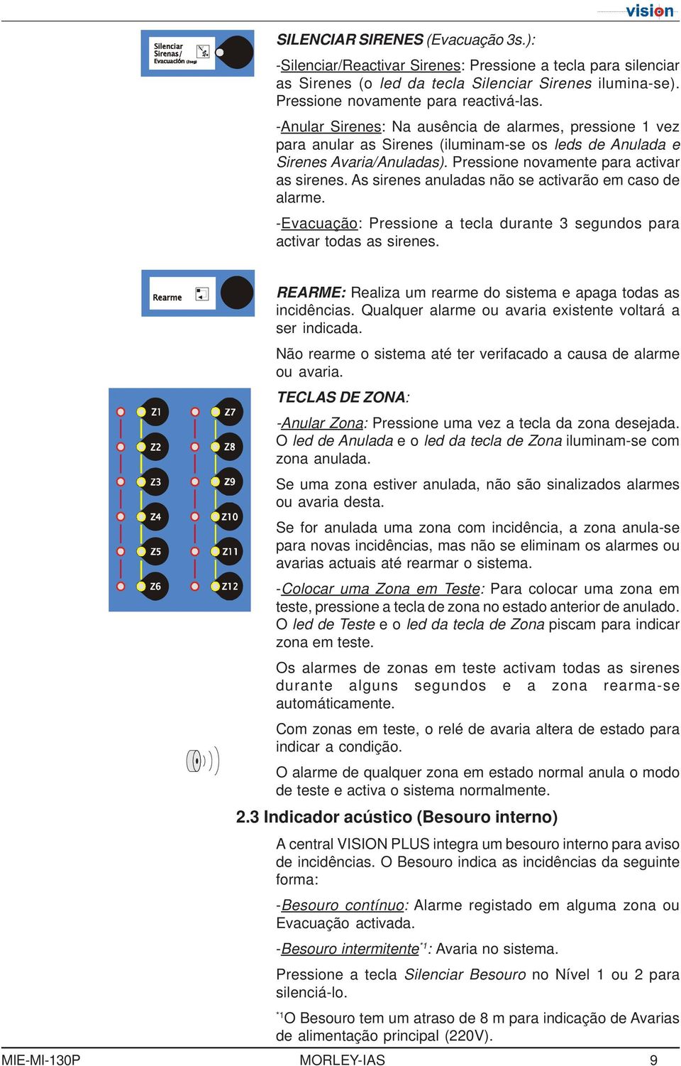 As sirenes anuladas nã se activarã em cas de alarme. -Evacuaçã: Pressine a tecla durante 3 segunds para activar tdas as sirenes. REARME: Realiza um rearme d sistema e apaga tdas as incidências.