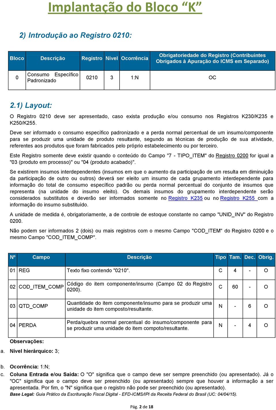 Deve ser informado o consumo específico padronizado e a perda normal percentual de um insumo/componente para se produzir uma unidade de produto resultante, segundo as técnicas de produção de sua