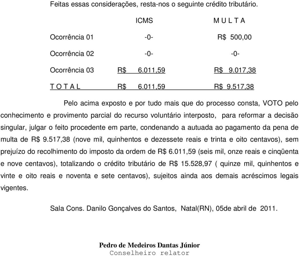 517,38 Pelo acima exposto e por tudo mais que do processo consta, VOTO pelo conhecimento e provimento parcial do recurso voluntário interposto, para reformar a decisão singular, julgar o feito