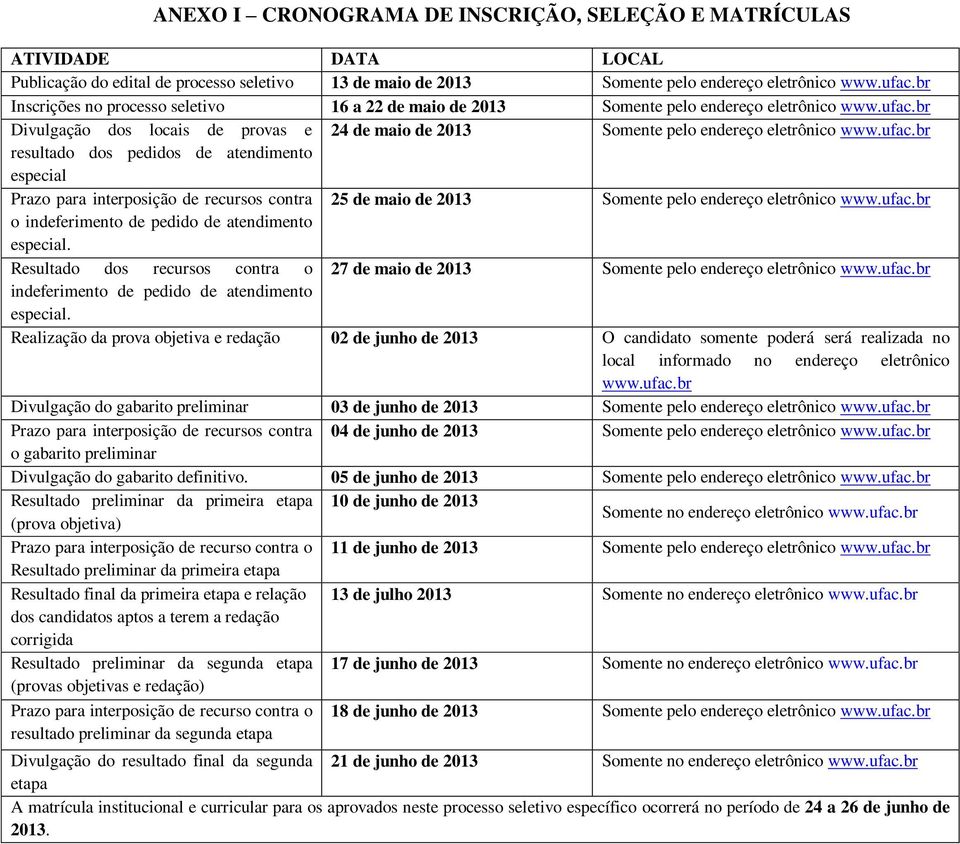 br Divulgação dos locais de provas e 24 de maio de 2013 Somente pelo endereço eletrônico www.ufac.