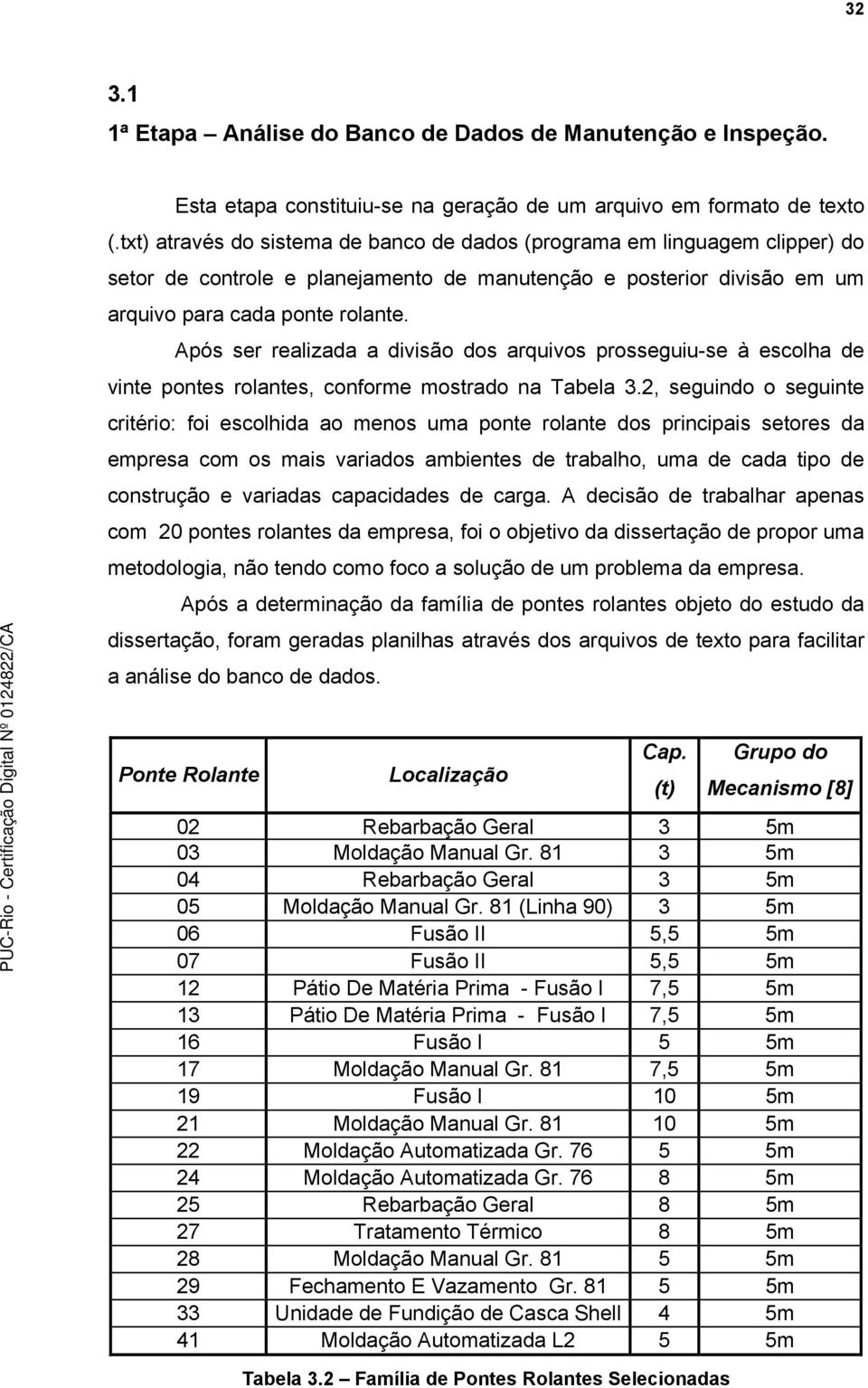 Após ser realizada a divisão dos arquivos prosseguiu-se à escolha de vinte pontes rolantes, conforme mostrado na Tabela 3.