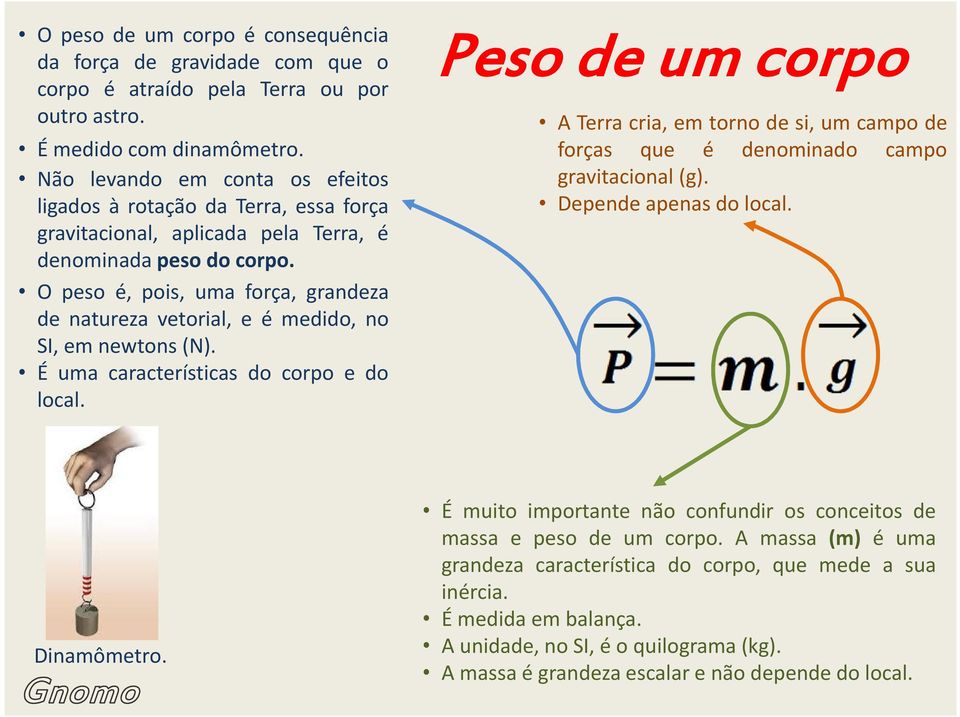 O peso é, pois, uma força, grandeza de natureza vetorial, e é medido, no SI, em newtons (N). É uma características do corpo e do local.