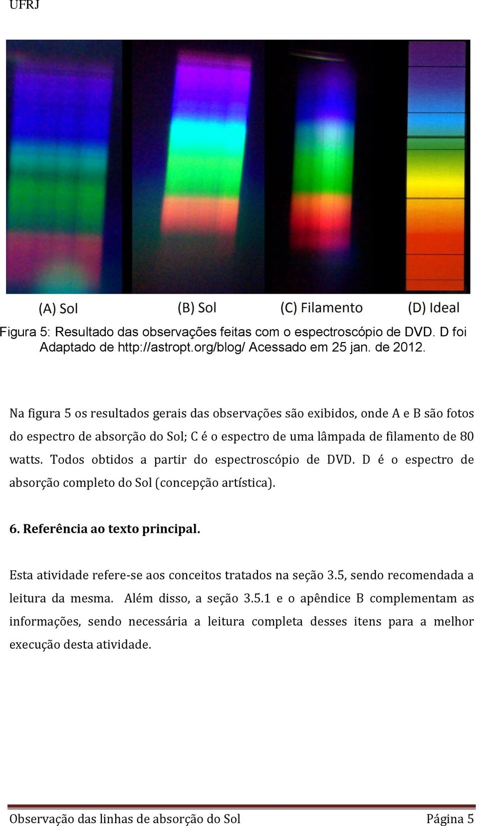 Todos obtidos a partir do espectroscópio de DVD. D é o espectro de absorção completo do Sol (concepção artística). 6. Referência ao texto principal.