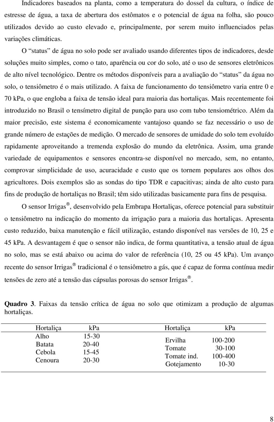 O status de água no solo pode ser avaliado usando diferentes tipos de indicadores, desde soluções muito simples, como o tato, aparência ou cor do solo, até o uso de sensores eletrônicos de alto nível