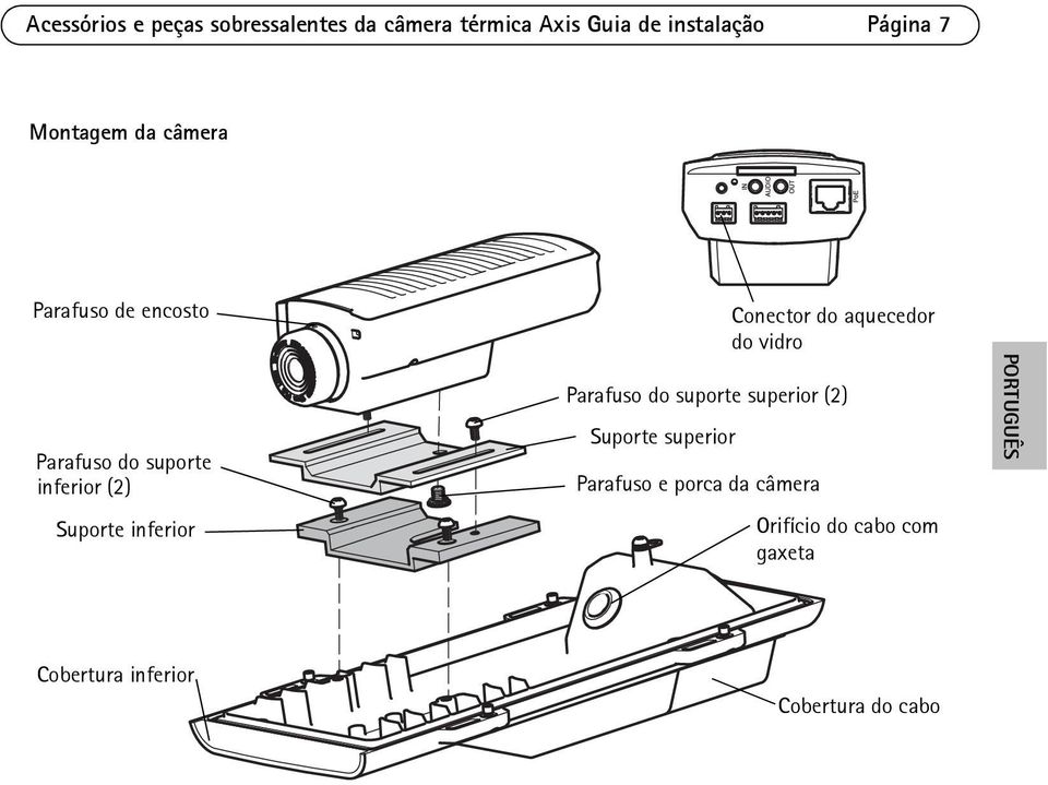 Parafuso do suporte superior (2) Suporte superior Parafuso e porca da câmera Conector do