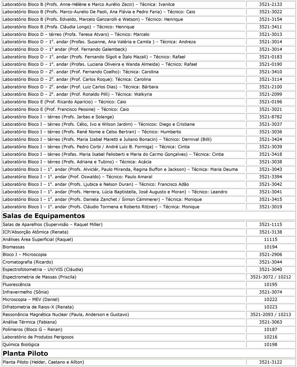 Cláudia Longo) Técnico: Henrique 3521-3411 Laboratório Bloco D térreo (Profa. Teresa Atvars) Técnico: Marcelo 3521-3013 Laboratório Bloco D 1 o. andar (Profas.