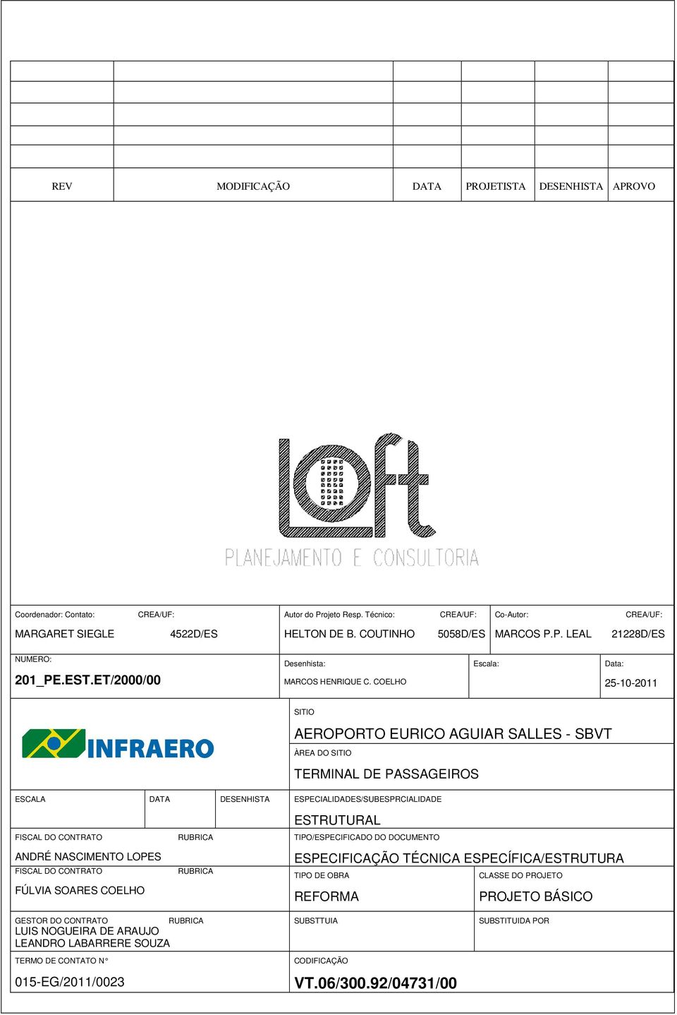 COELHO Escala: Data: 25-10-2011 SITIO AEROPORTO EURICO AGUIAR SALLES - SBVT ÀREA DO SITIO TERMINAL DE PASSAGEIROS ESCALA DATA DESENHISTA ESPECIALIDADES/SUBESPRCIALIDADE FISCAL DO CONTRATO ANDRÉ