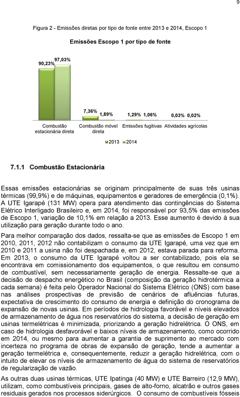 2014 7.1.1 Combustão Estacionária Essas emissões estacionárias se originam principalmente de suas três usinas térmicas (99,9%) e de máquinas, equipamentos e geradores de emergência (0,1%).