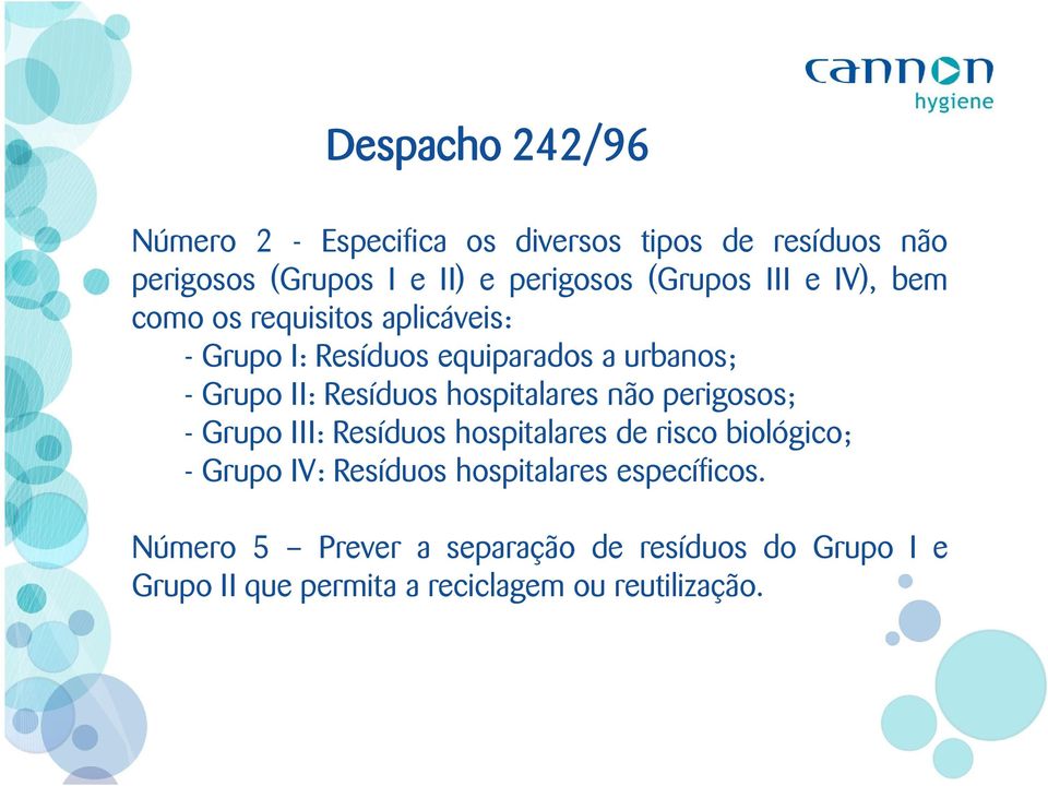 Resíduos hospitalares não perigosos; - Grupo III: Resíduos hospitalares de risco biológico; - Grupo IV: Resíduos