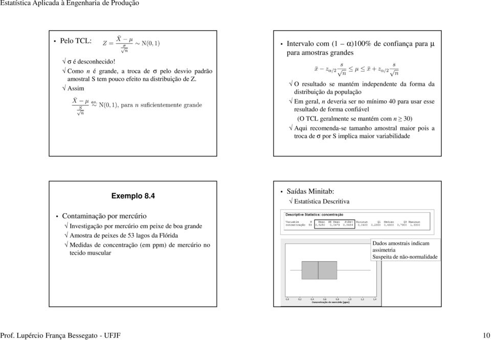 resultado de forma confiável (O TCL geralmente se mantém com n 30) Aqui recomenda-se tamanho amostral maior pois a troca de σ por S implica maior variabilidade Exemplo 8.