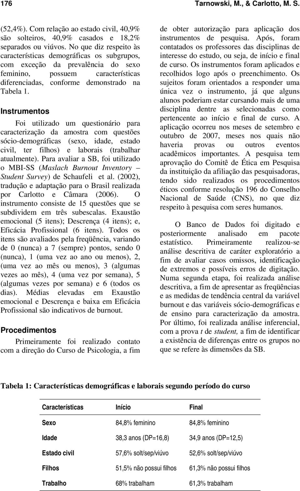 Instrumentos Foi utilizado um questionário para caracterização da amostra com questões sócio-demográficas (sexo, idade, estado civil, ter filhos) e laborais (trabalhar atualmente).