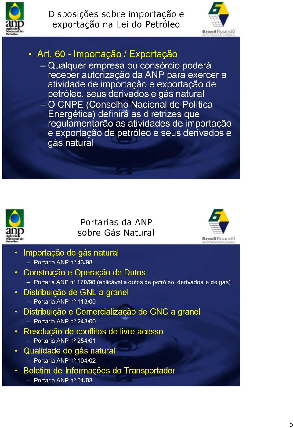 (Conselho Nacional de Política Energética) definirá as diretrizes que regulamentarão as atividades de importação e exportação de petróleo e seus derivados e gás natural Portarias da ANP sobre Gás