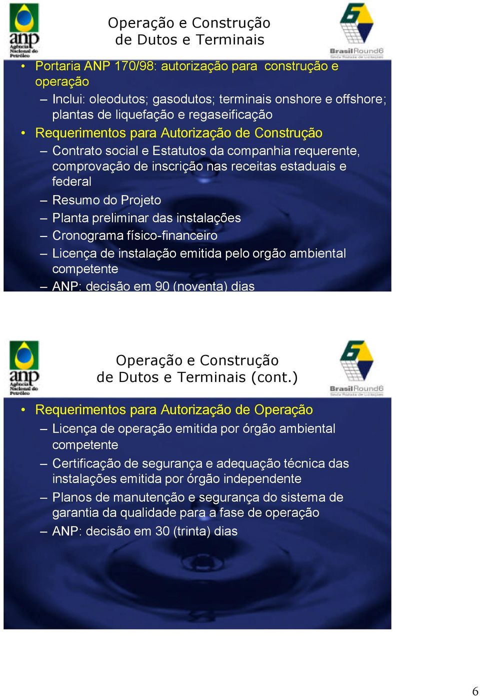 preliminar das instalações Cronograma físico-financeiro Licença de instalação emitida pelo orgão ambiental competente ANP: decisão em 90 (noventa) dias Operação e Construção de Dutos e Terminais