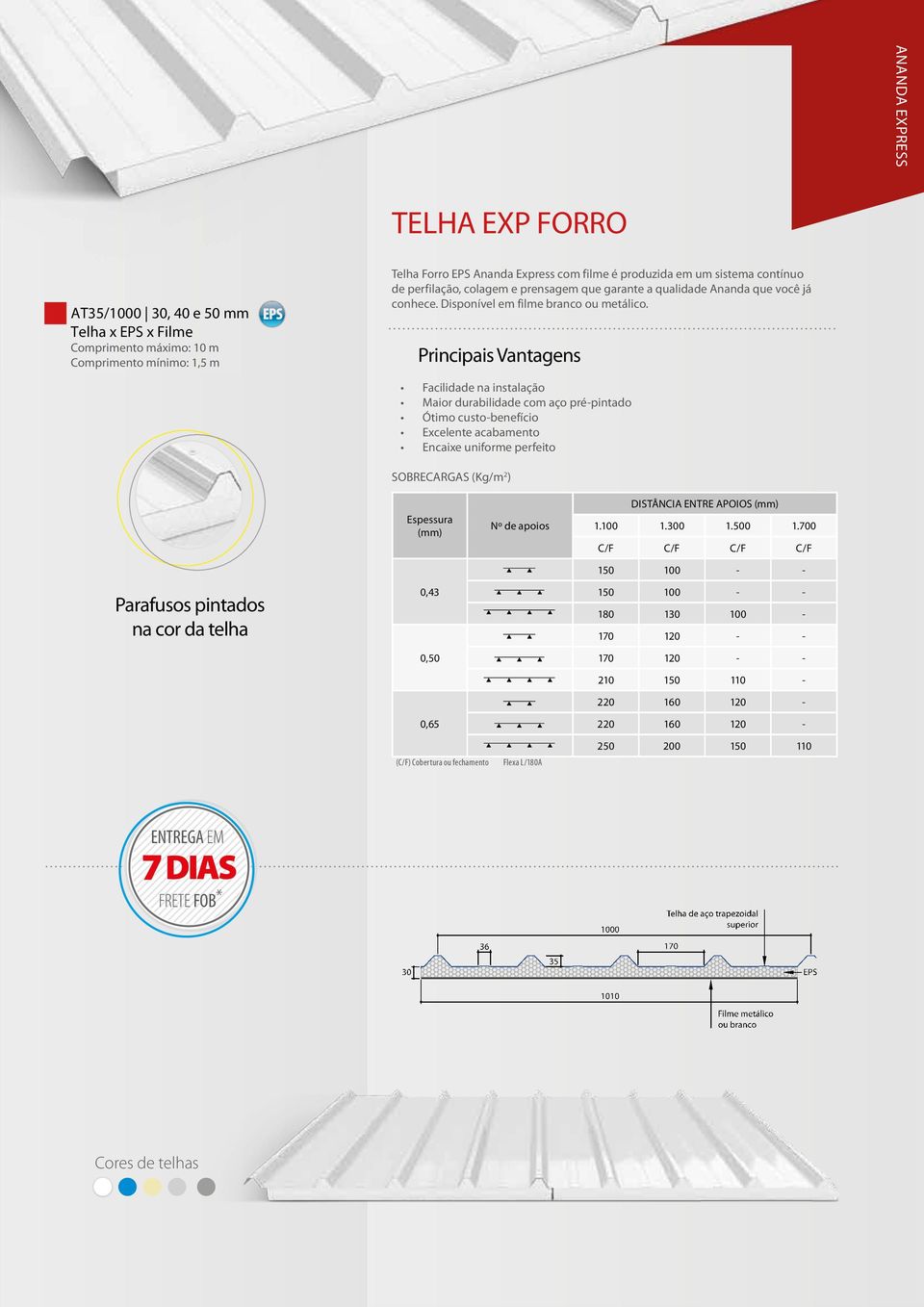 Principis Vntgens Fcilidde n instlção Mior durilidde com ço prépintdo Ótimo custoenefício Excelente cmento Encixe uniforme perfeito Espessur (mm) Nº de poios 1.100 1.300 1.500 1.