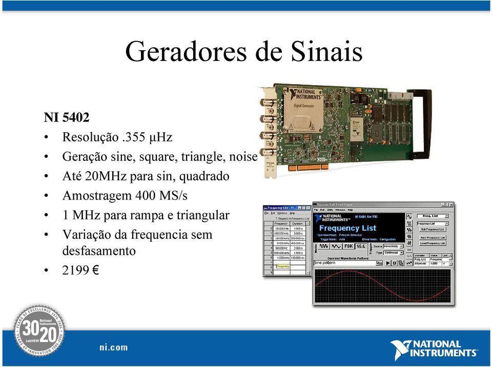 20MHz para sin, quadrado Amostragem 400 MS/s 1 MHz