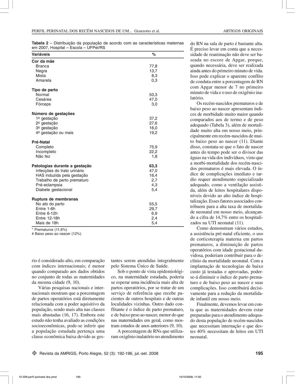 durante a gestação 63,3 Infecções do trato urinário 47,0 HAS induzida pela gestação 16,4 Trabalho de parto prematuro 2,7 Pré-eclampsia 4,3 Diabete gestacional 5,4 Ruptura de membranas No ato do parto