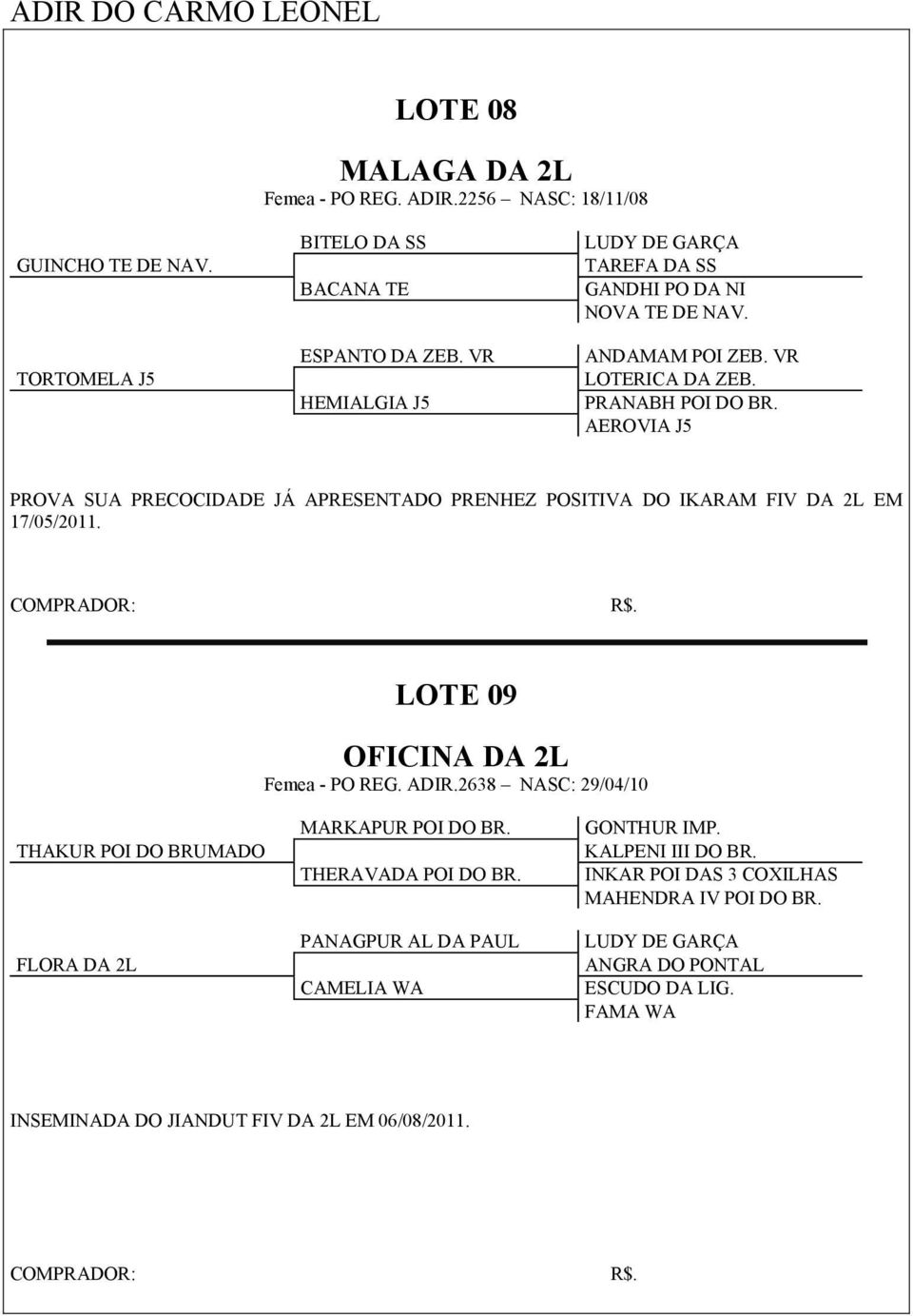 AEROVIA J5 PROVA SUA PRECOCIDADE JÁ APRESENTADO PRENHEZ POSITIVA DO IKARAM FIV DA 2L EM 17/05/2011. LOTE 09 OFICINA DA 2L Femea - PO REG. ADIR.