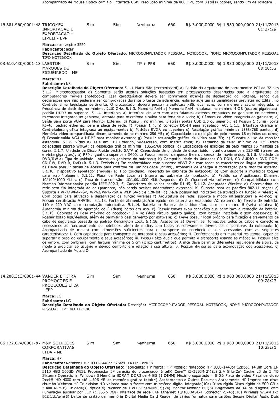 000,0000 21/11/2013 01:37:29 Marca: acer aspire 3550 Fabricante: acer Descrição Detalhada do Objeto Ofertado: MICROCOMPUTADOR PESSOAL NOTEBOOK, NOME MICROCOMPUTADOR PESSOAL TIPO NOTEBOOK Sim Sim TP +