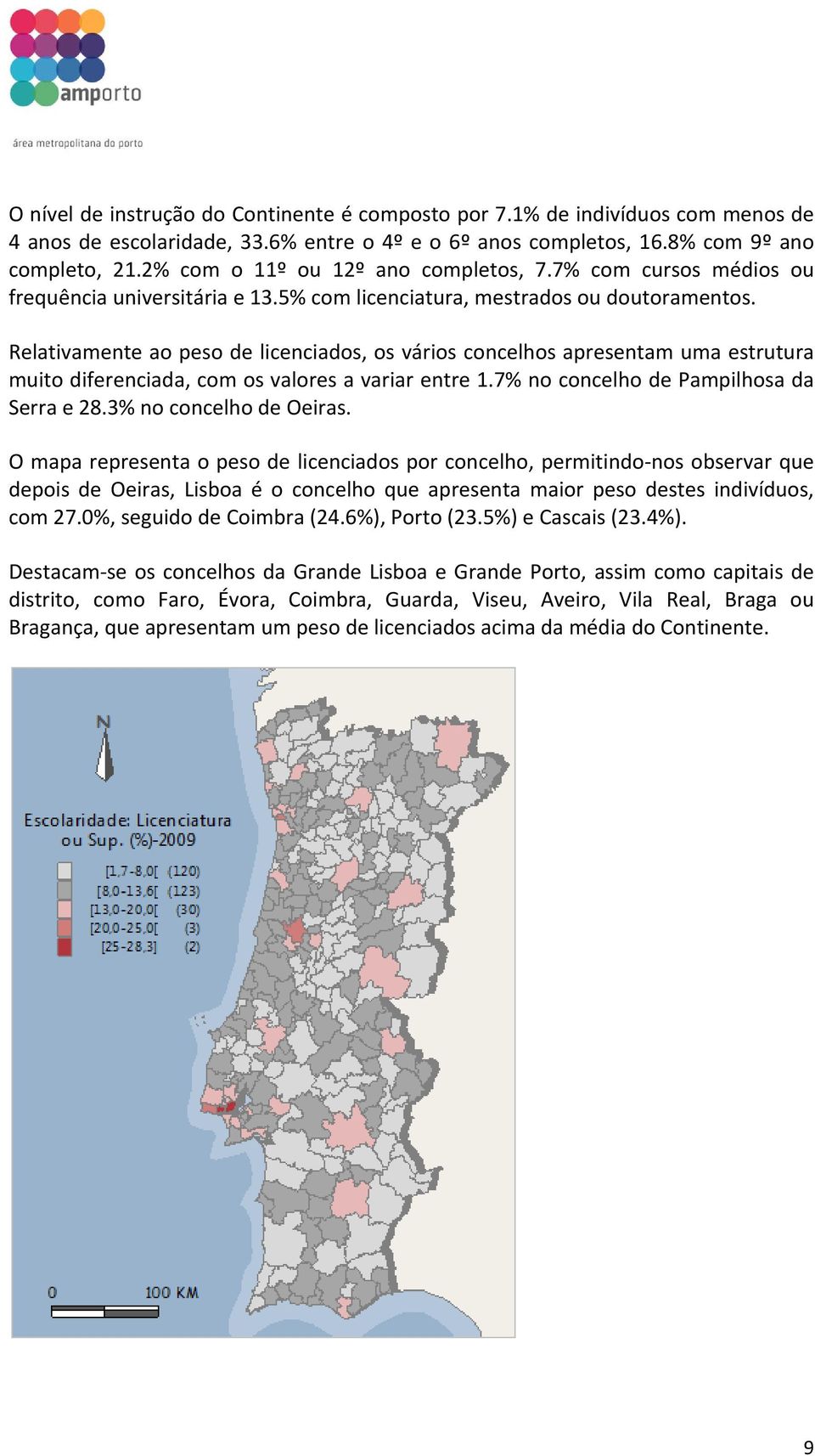 Relativamente ao peso de licenciados, os vários concelhos apresentam uma estrutura muito diferenciada, com os valores a variar entre 1.7% no concelho de Pampilhosa da Serra e 28.