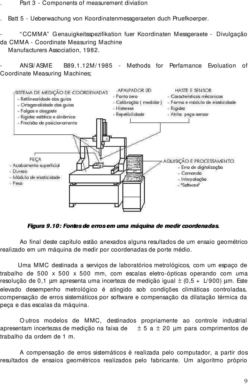 82. - ANSI/ASME B89.1.12M/1985 - Methods for Perfamance Evoluation of Coordinate Measuring Machines; Figura 9.10: Fontes de erros em uma máquina de medir coordenadas.