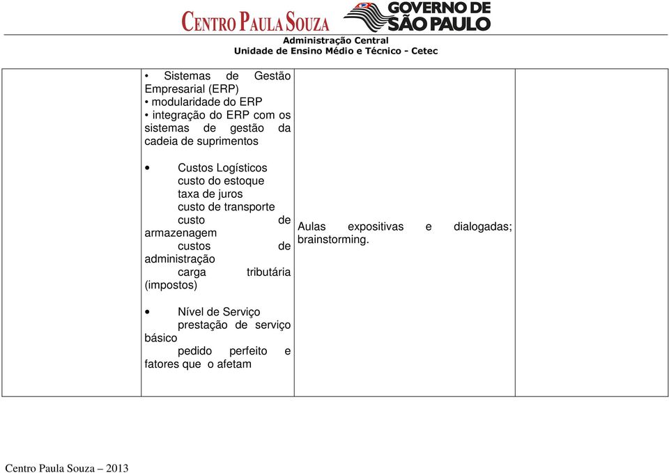 custo armazenagem custos administração carga tributária (impostos) Aulas expositivas e