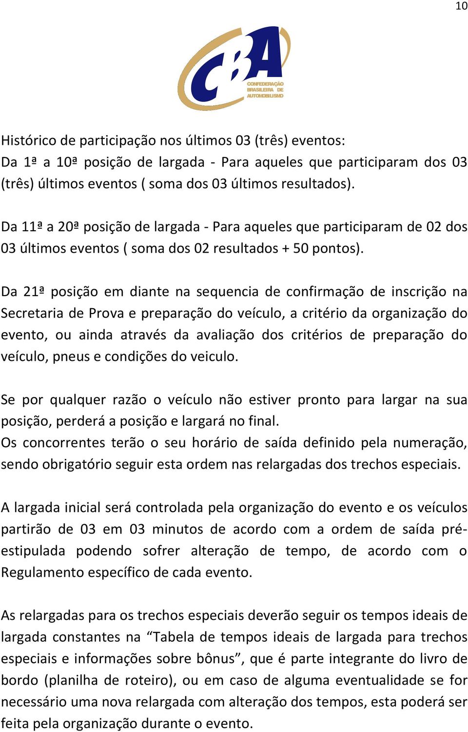 Da 21ª posição em diante na sequencia de confirmação de inscrição na Secretaria de Prova e preparação do veículo, a critério da organização do evento, ou ainda através da avaliação dos critérios de