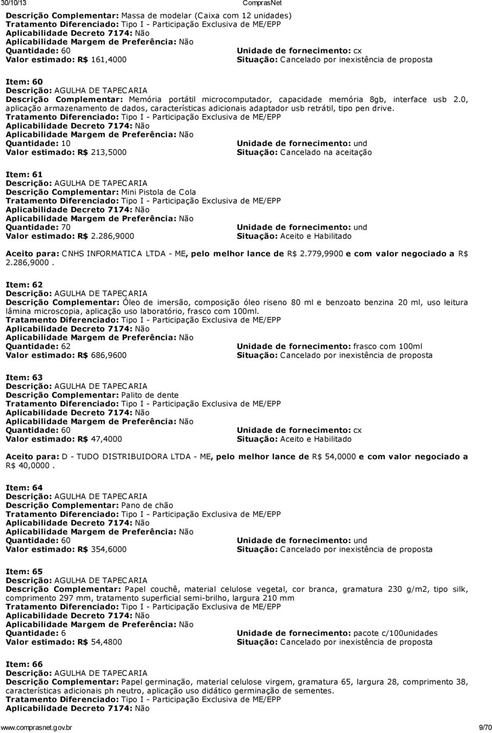 Quantidade: 10 Valor estimado: R$ 213,5000 Situação: Cancelado na aceitação Item: 61 Descrição Complementar: Mini Pistola de Cola Quantidade: 70 Valor estimado: R$ 2.