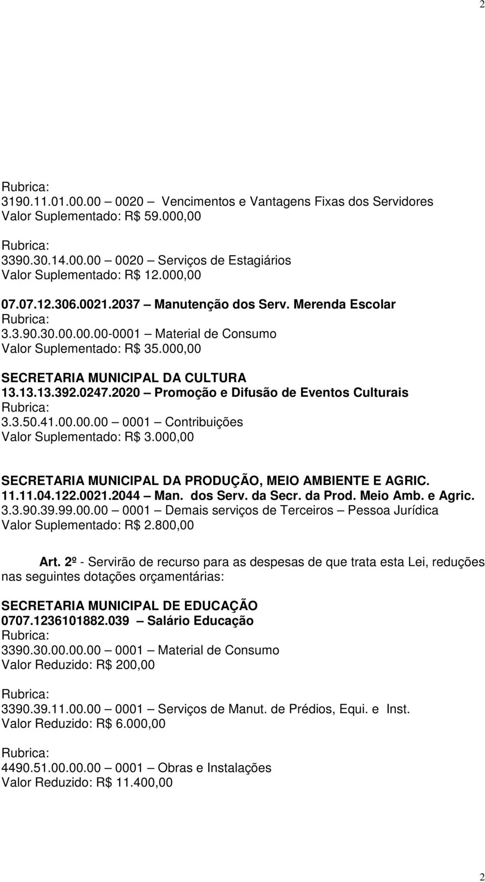 2020 Promoção e Difusão de Eventos Culturais 3.3.50.41.00.00.00 0001 Contribuições Valor Suplementado: R$ 3.000,00 SECRETARIA MUNICIPAL DA PRODUÇÃO, MEIO AMBIENTE E AGRIC. 11.11.04.122.0021.2044 Man.