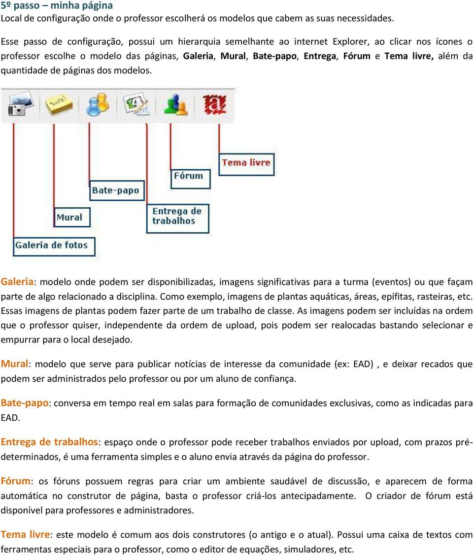 livre, além da quantidade de páginas dos modelos. Galeria: modelo onde podem ser disponibilizadas, imagens significativas para a turma (eventos) ou que façam parte de algo relacionado a disciplina.