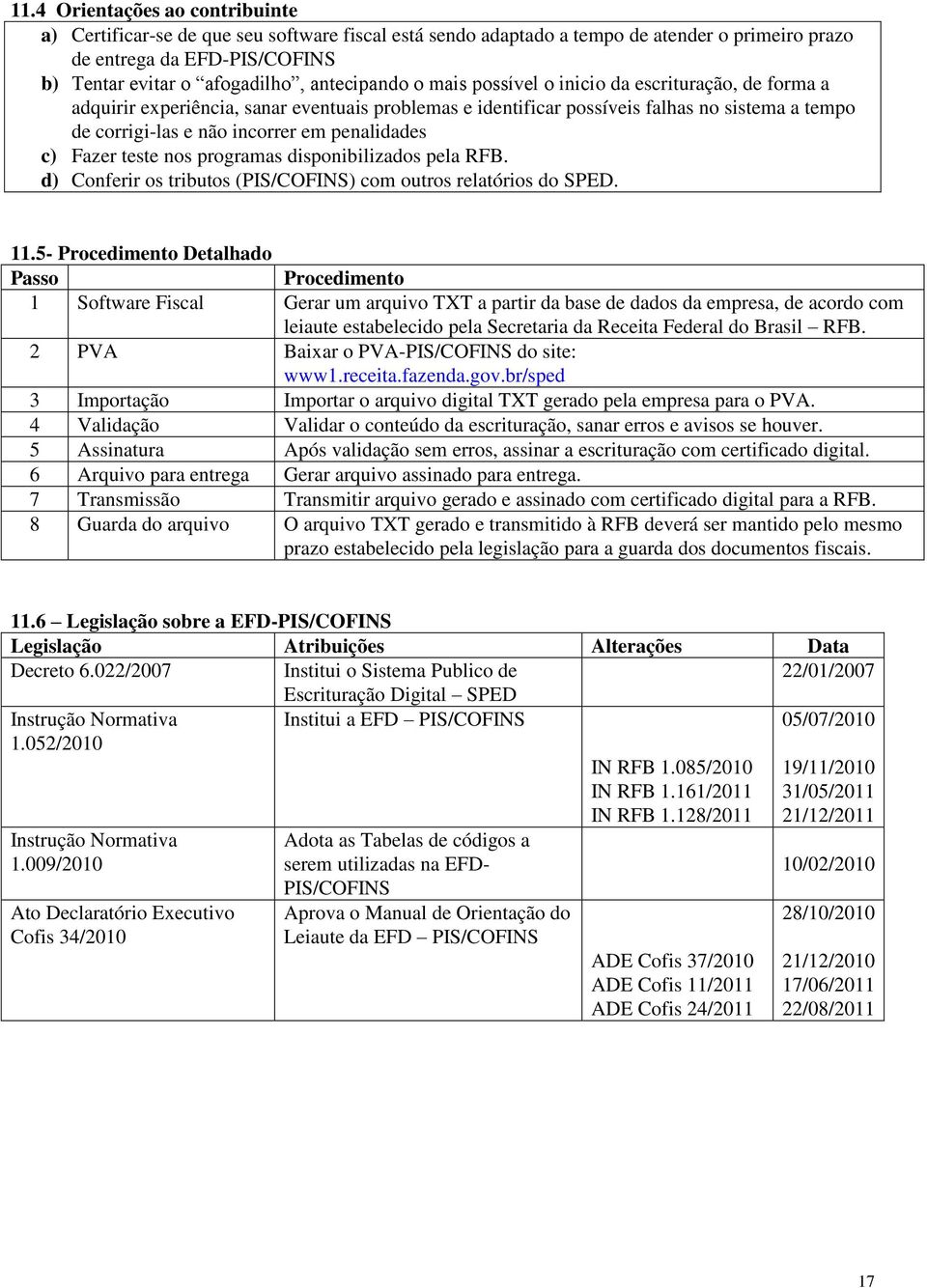 penalidades c) Fazer teste nos programas disponibilizados pela RFB. d) Conferir os tributos (PIS/COFINS) com outros relatórios do SPED. 11.