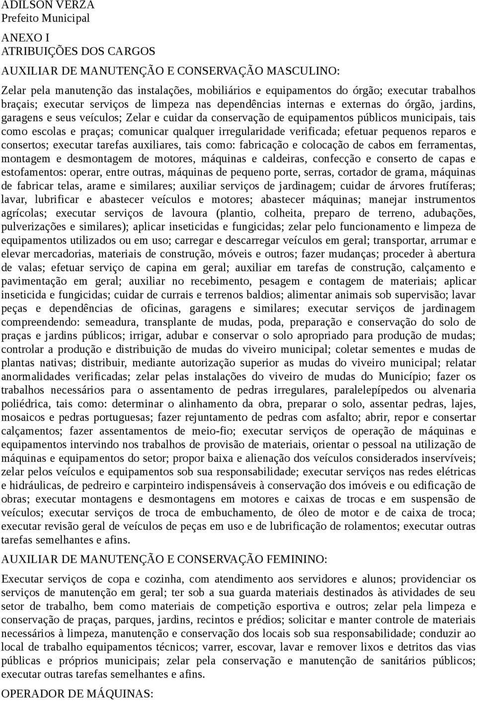 tais como escolas e praças; comunicar qualquer irregularidade verificada; efetuar pequenos reparos e consertos; executar tarefas auxiliares, tais como: fabricação e colocação de cabos em ferramentas,