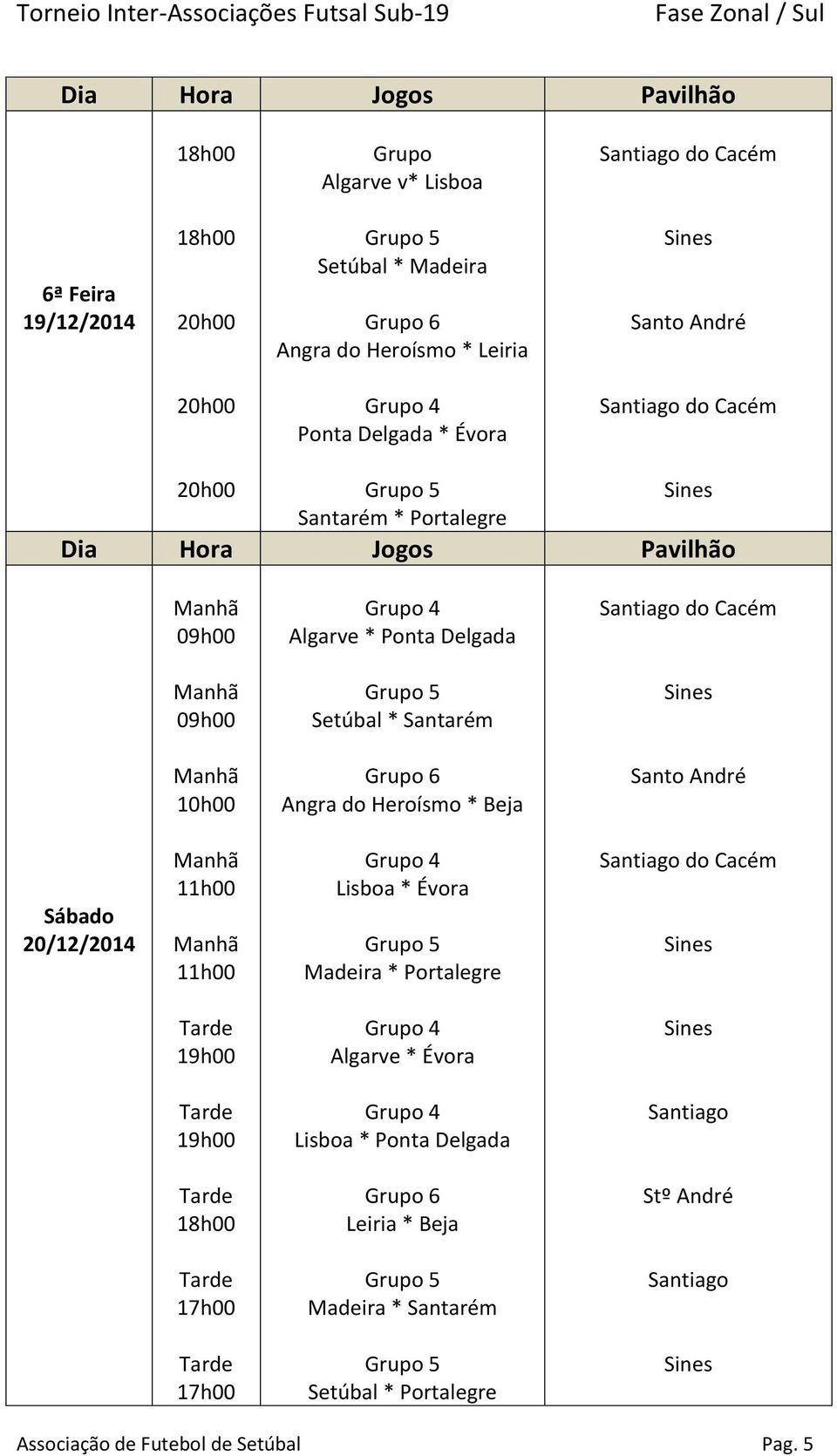 Angra do Heroísmo * Beja Santo André Sábado 20/12/2014 11h00 11h00 Grupo 4 Lisboa * Évora Grupo 5 Madeira * Portalegre Santiago do Cacém Tarde 19h00 Grupo 4 Algarve * Évora Tarde 19h00 Grupo 4