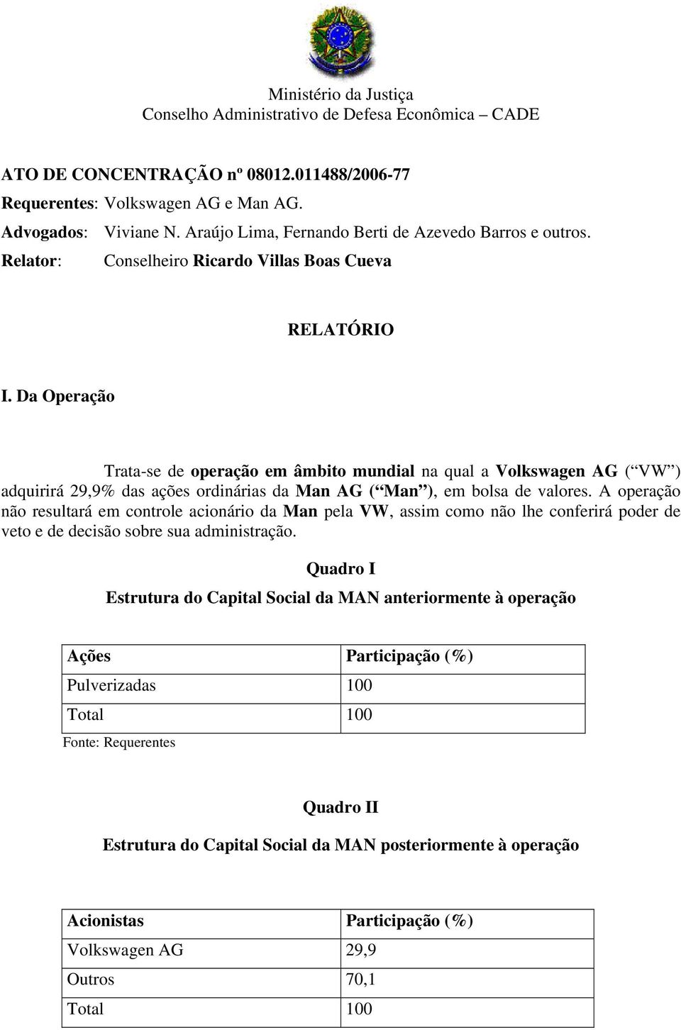 Da Operação Trata-se de operação em âmbito mundial na qual a Volkswagen AG ( VW ) adquirirá 29,9% das ações ordinárias da Man AG ( Man ), em bolsa de valores.