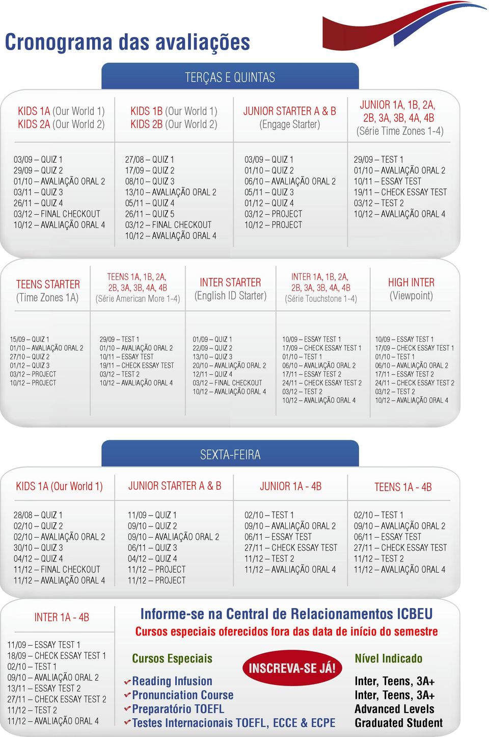 19/11 CHECK ESSAY TEST TEENS STARTER (Time Zones 1A) TEENS 1A, 1B, 2A, (Série American More 1-4) 15/09 QUIZ 1 27/10 QUIZ 2 01/12 QUIZ 3 03/12 PROJECT 10/12 PROJECT 29/09 TEST 1 10/11 ESSAY TEST 19/11