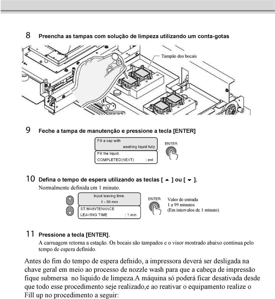 Os bocais são tampados e o visor mostrado abaixo continua pelo tempo de espera definido. Antes do fim do tempo de espera defnido, a impressora deverá ser desligada na chave.