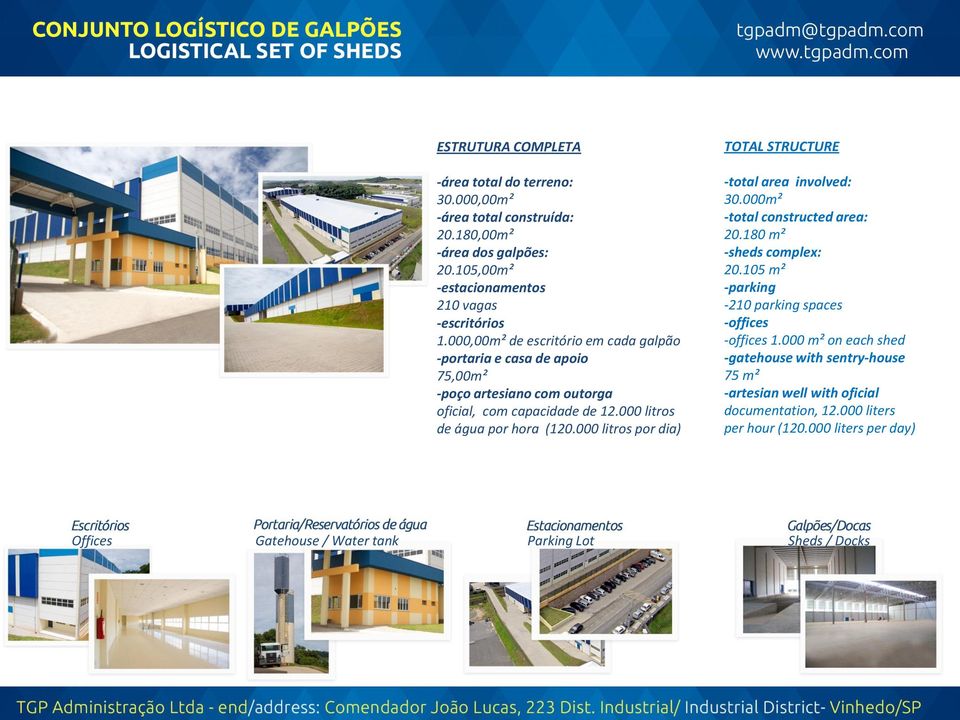 000 litros por dia) TOTAL STRUCTURE -total area involved: 30.000m² -total constructed area: 20.180 m² -sheds complex: 20.105 m² -parking -210 parking spaces -offices -offices 1.