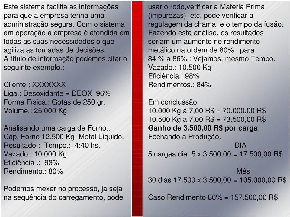 : Desoxidante = DEOX 96% Forma Física.: Gotas de 250 gr. Volume.: 25.000 Kg Analisando uma carga de Forno.: Cap. Forno 12.500 Kg Metal Líquido. Resultado.: Tempo.: 4:40 hs. Vazado.: 10.