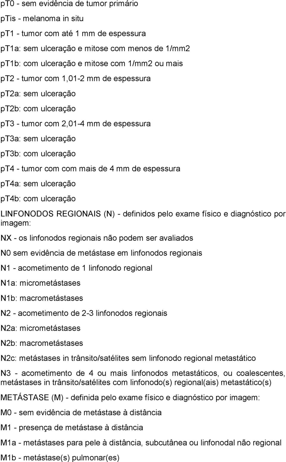 pt4a: sem ulceração pt4b: com ulceração LINFONODOS REGIONAIS (N) - definidos pelo exame físico e diagnóstico por imagem: NX - os linfonodos regionais não podem ser avaliados N0 sem evidência de