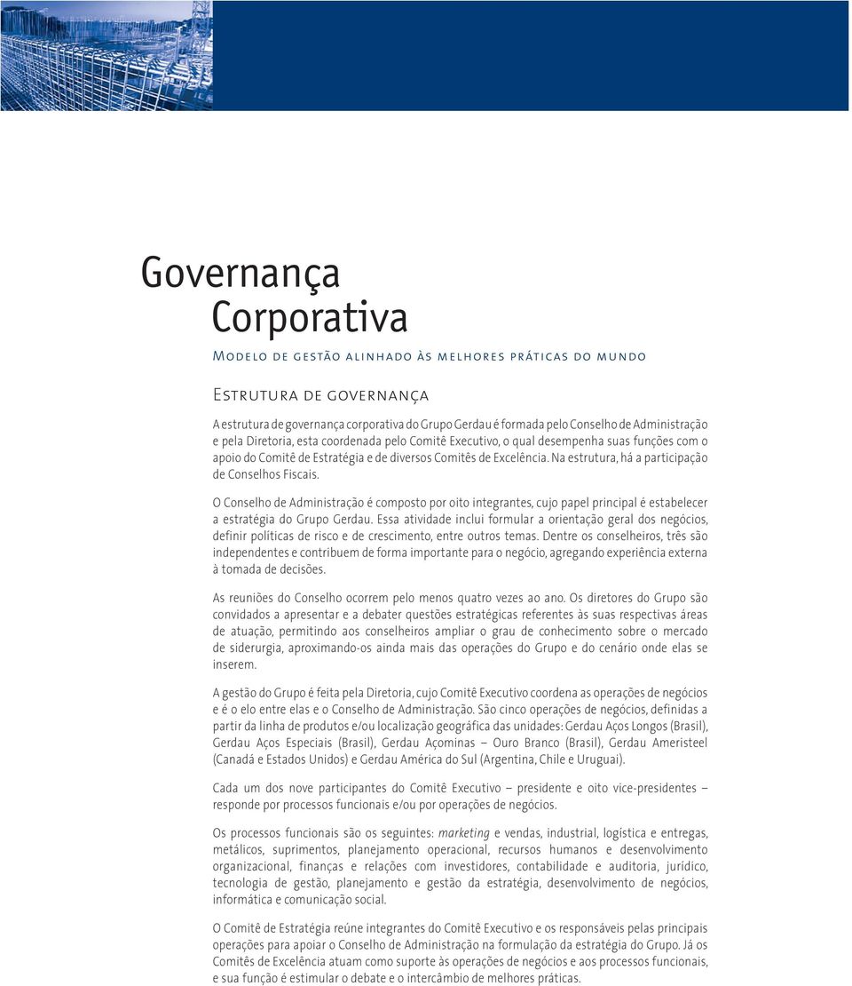 Na estrutura, há a participação de Conselhos Fiscais. O Conselho de Administração é composto por oito integrantes, cujo papel principal é estabelecer a estratégia do Grupo Gerdau.