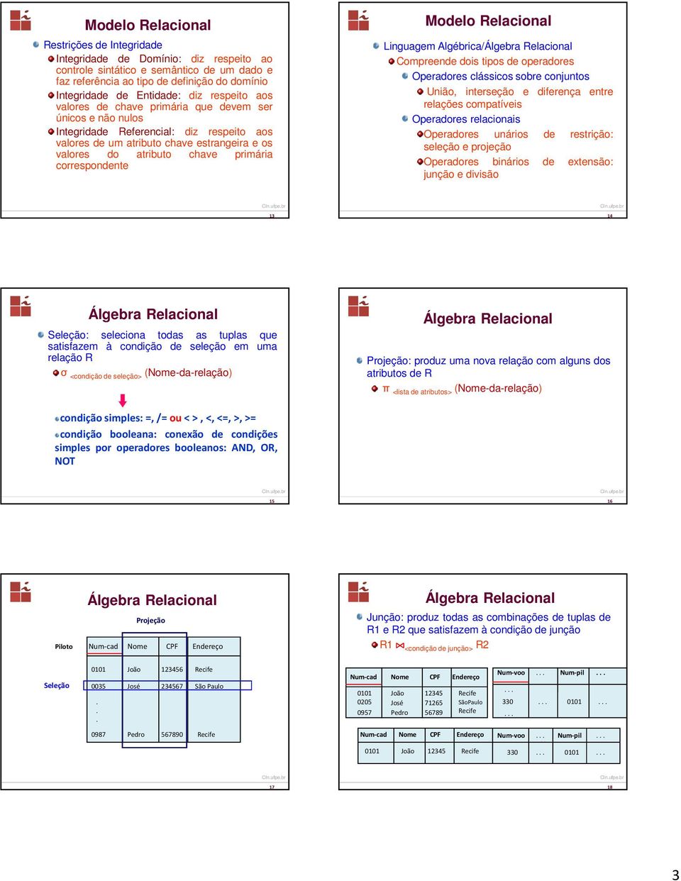 Linguagem Algébrica/Álgebra Relacional Compreende dois tipos de operadores Operadores clássicos sobre conjuntos União, interseção e diferença entre relações compatíveis Operadores relacionais