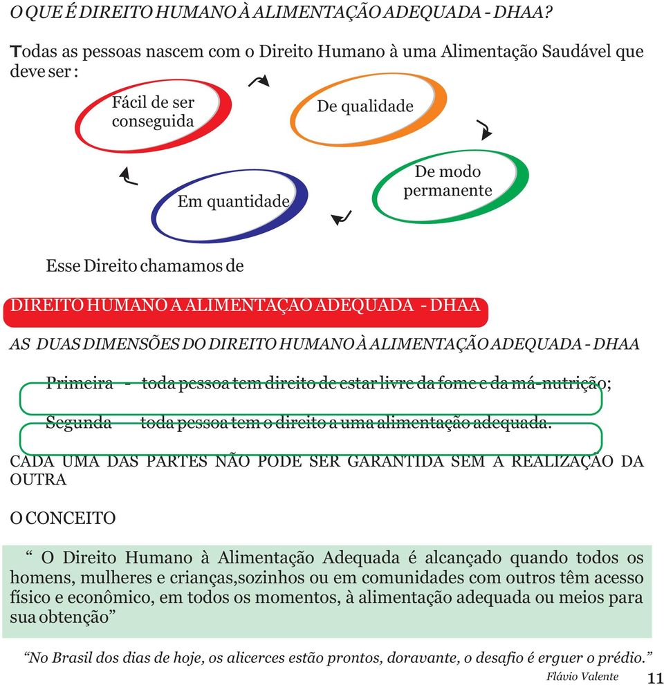 ALIMENTAÇÃO ADEQUADA - DHAA AS DUAS DIMENSÕES DO DIREITO HUMANO À ALIMENTAÇÃO ADEQUADA - DHAA Primeira - toda pessoa tem direito de estar livre da fome e da má-nutrição; Segunda - toda pessoa tem o