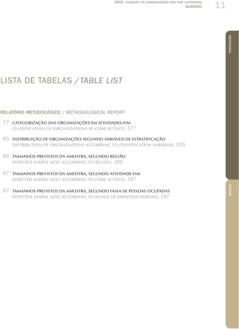 ACCORDING TO STRATIFICATION VARIABLES, 85 86 TAMANHOS PREVISTOS DA AMOSTRA, SEGUNDO REGIÃO EXPECTED SAMPLE SIZES ACCORDING TO REGION, 86 87 TAMANHOS PREVISTOS DA AMOSTRA, SEGUNDO