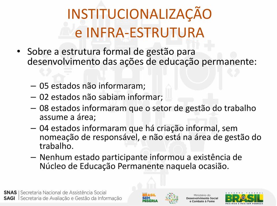 trabalho assume a área; 04 estados informaram que há criação informal, sem nomeação de responsável, e não está na área