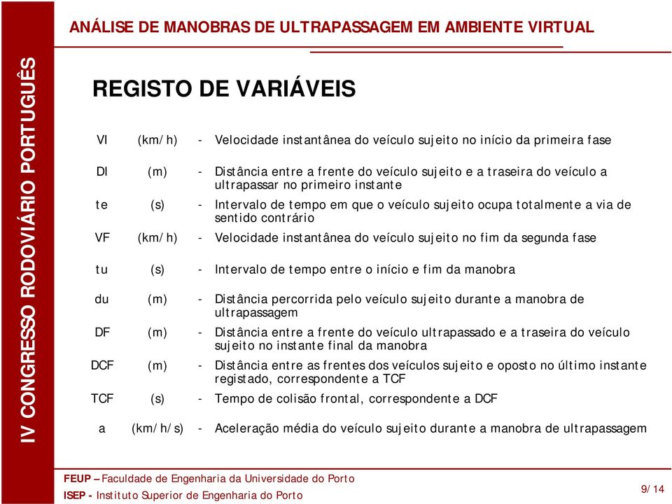 sujeito no fim da segunda fase Intervalo de tempo entre o início e fim da manobra Distância percorrida pelo veículo sujeito durante a manobra de ultrapassagem Distância entre a frente do veículo