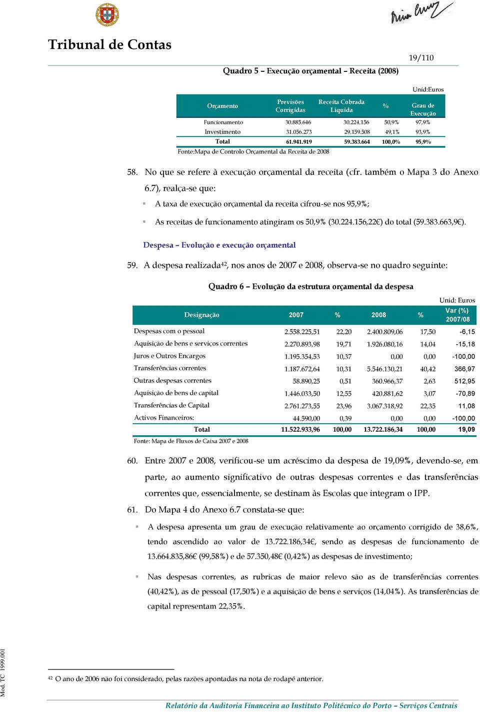 também o Mapa 3 do Anexo 6.7), realça-se que: A taxa de execução orçamental da receita cifrou-se nos 95,9%; As receitas de funcionamento atingiram os 50,9% (30.224.156,22 ) do total (59.383.663,9 ).