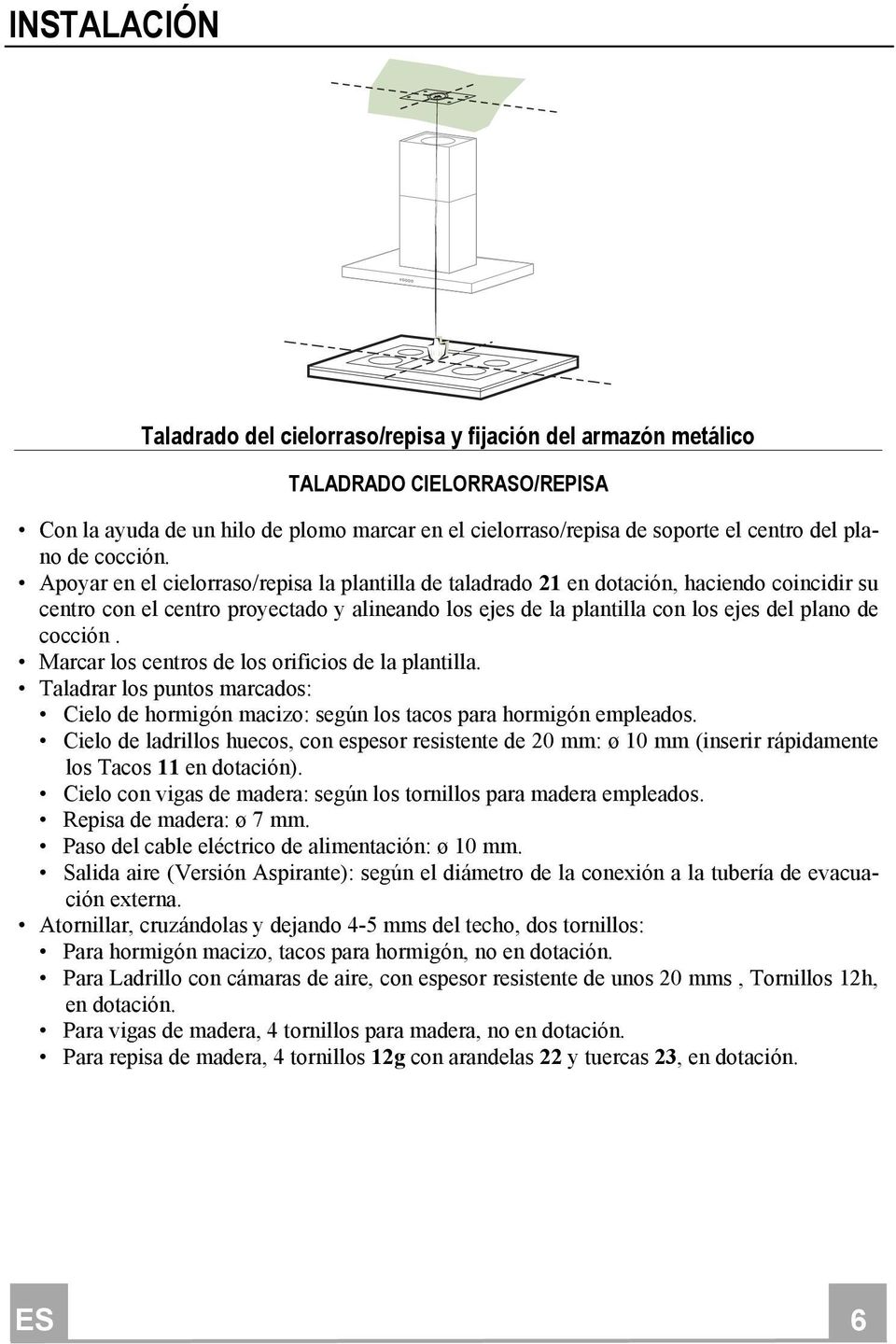 Apoyar en el cielorraso/repisa la plantilla de taladrado 21 en dotación, haciendo coincidir su centro con el centro proyectado y alineando los ejes de la plantilla con los ejes del plano  Marcar los